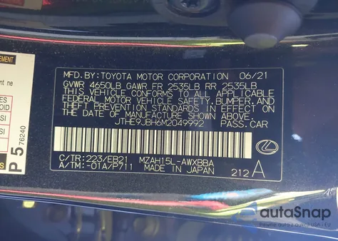 2021 Lexus Ux 250H F Sport from USA, damaged, VIN JTHE9JBH6M2049992